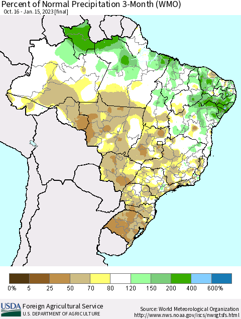 Brazil Percent of Normal Precipitation 3-Month (WMO) Thematic Map For 10/16/2022 - 1/15/2023