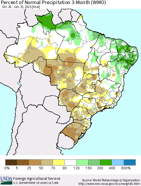 Brazil Percent of Normal Precipitation 3-Month (WMO) Thematic Map For 10/26/2022 - 1/25/2023