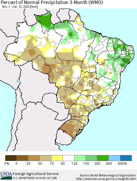 Brazil Percent of Normal Precipitation 3-Month (WMO) Thematic Map For 11/1/2022 - 1/31/2023