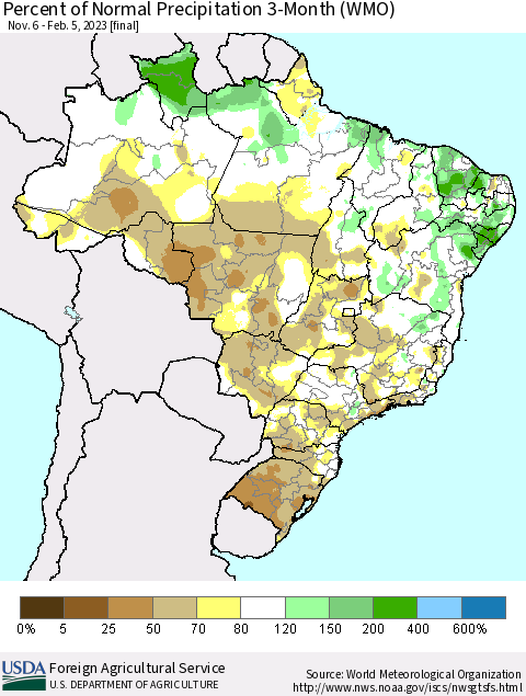 Brazil Percent of Normal Precipitation 3-Month (WMO) Thematic Map For 11/6/2022 - 2/5/2023
