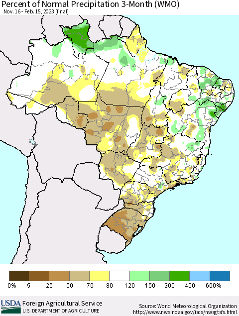 Brazil Percent of Normal Precipitation 3-Month (WMO) Thematic Map For 11/16/2022 - 2/15/2023