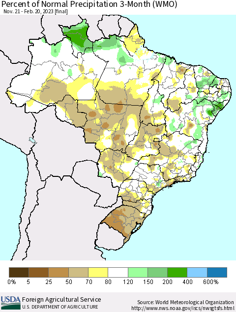 Brazil Percent of Normal Precipitation 3-Month (WMO) Thematic Map For 11/21/2022 - 2/20/2023