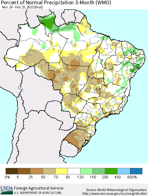 Brazil Percent of Normal Precipitation 3-Month (WMO) Thematic Map For 11/26/2022 - 2/25/2023