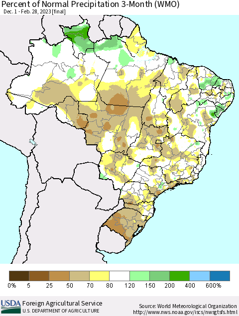 Brazil Percent of Normal Precipitation 3-Month (WMO) Thematic Map For 12/1/2022 - 2/28/2023