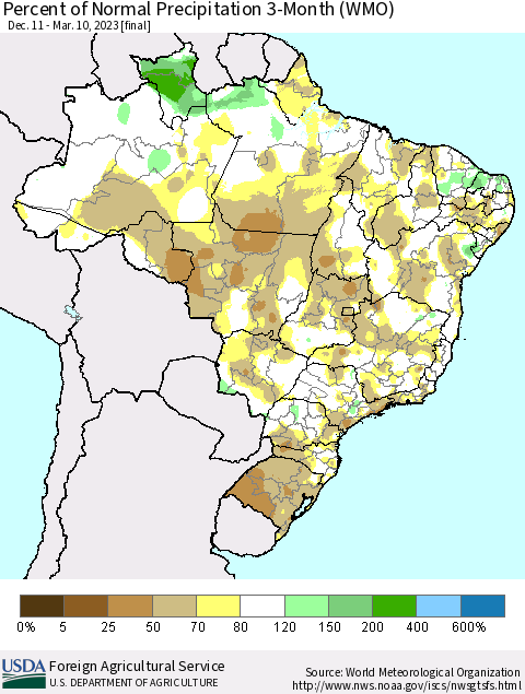 Brazil Percent of Normal Precipitation 3-Month (WMO) Thematic Map For 12/11/2022 - 3/10/2023