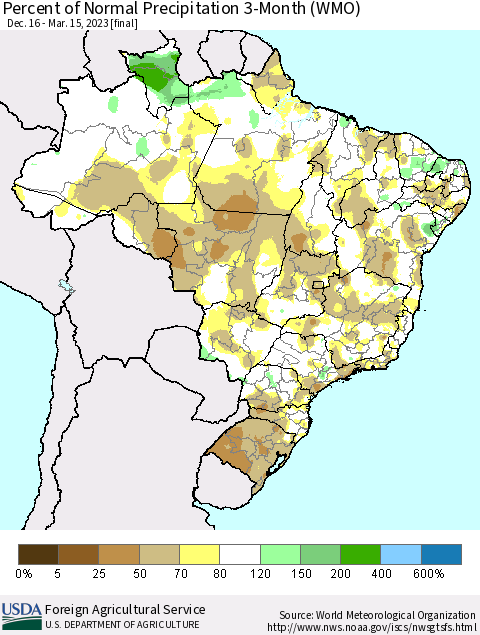 Brazil Percent of Normal Precipitation 3-Month (WMO) Thematic Map For 12/16/2022 - 3/15/2023