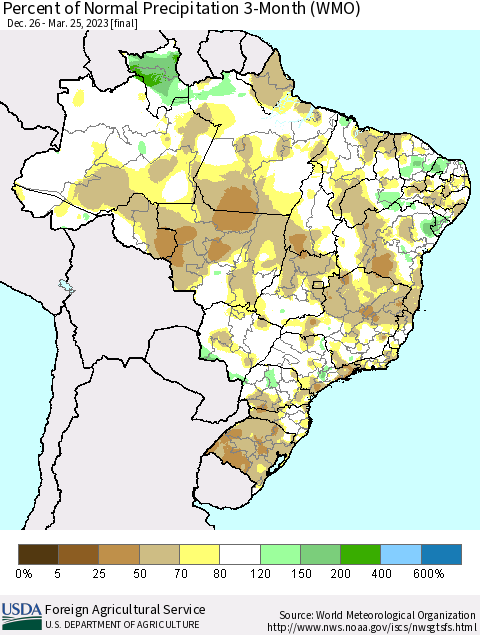 Brazil Percent of Normal Precipitation 3-Month (WMO) Thematic Map For 12/26/2022 - 3/25/2023