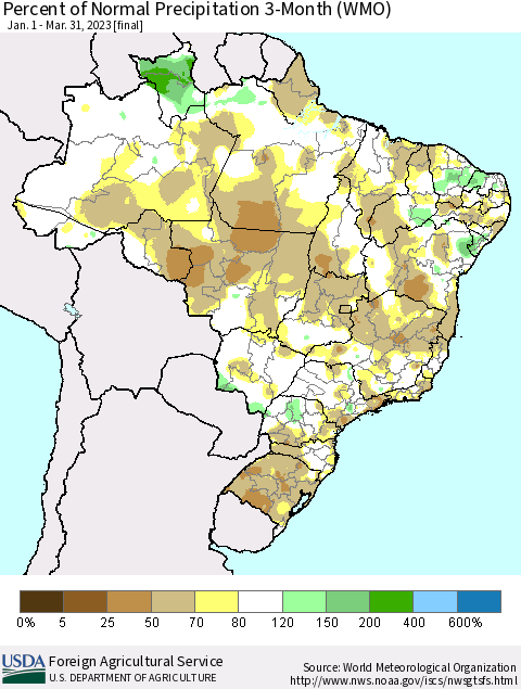 Brazil Percent of Normal Precipitation 3-Month (WMO) Thematic Map For 1/1/2023 - 3/31/2023