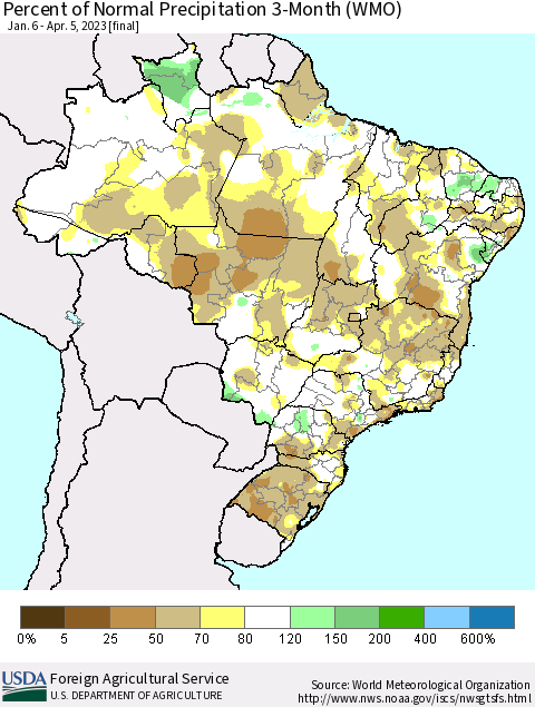 Brazil Percent of Normal Precipitation 3-Month (WMO) Thematic Map For 1/6/2023 - 4/5/2023