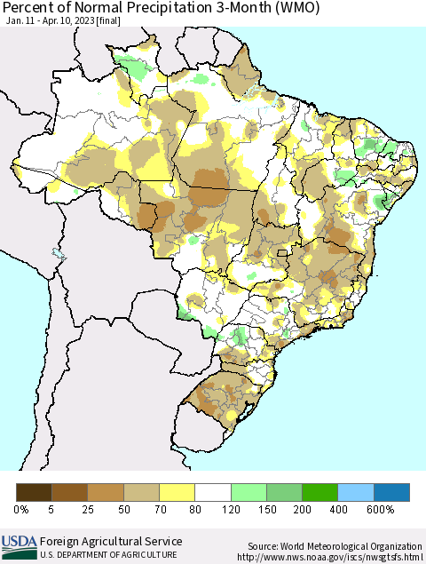 Brazil Percent of Normal Precipitation 3-Month (WMO) Thematic Map For 1/11/2023 - 4/10/2023