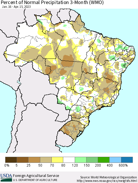 Brazil Percent of Normal Precipitation 3-Month (WMO) Thematic Map For 1/16/2023 - 4/15/2023