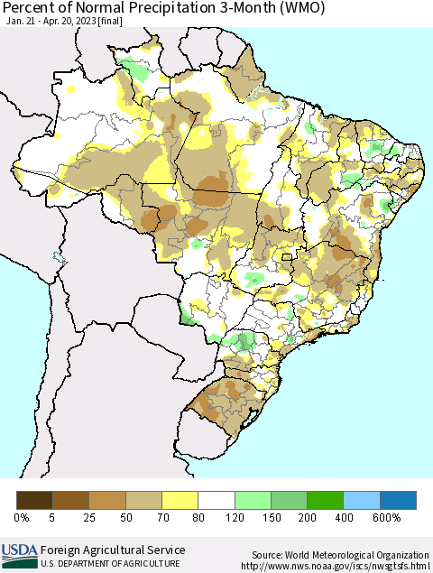 Brazil Percent of Normal Precipitation 3-Month (WMO) Thematic Map For 1/21/2023 - 4/20/2023