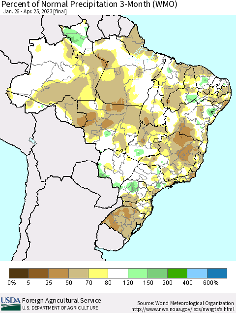 Brazil Percent of Normal Precipitation 3-Month (WMO) Thematic Map For 1/26/2023 - 4/25/2023