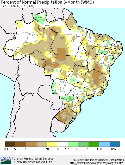 Brazil Percent of Normal Precipitation 3-Month (WMO) Thematic Map For 2/1/2023 - 4/30/2023