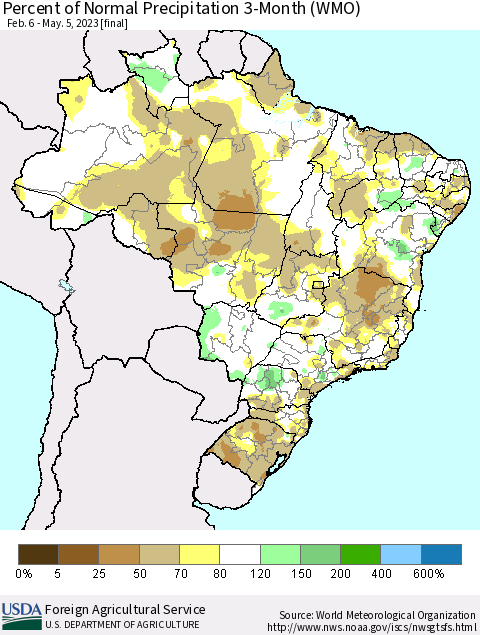 Brazil Percent of Normal Precipitation 3-Month (WMO) Thematic Map For 2/6/2023 - 5/5/2023