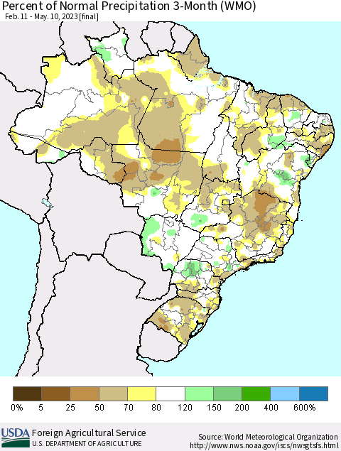 Brazil Percent of Normal Precipitation 3-Month (WMO) Thematic Map For 2/11/2023 - 5/10/2023