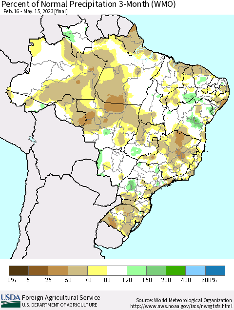 Brazil Percent of Normal Precipitation 3-Month (WMO) Thematic Map For 2/16/2023 - 5/15/2023