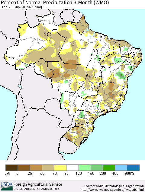Brazil Percent of Normal Precipitation 3-Month (WMO) Thematic Map For 2/21/2023 - 5/20/2023
