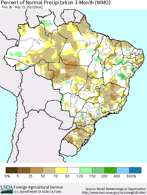 Brazil Percent of Normal Precipitation 3-Month (WMO) Thematic Map For 2/26/2023 - 5/25/2023