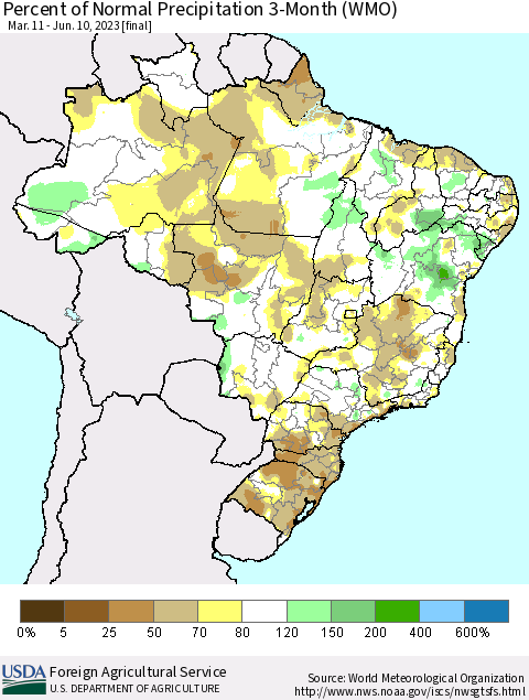 Brazil Percent of Normal Precipitation 3-Month (WMO) Thematic Map For 3/11/2023 - 6/10/2023