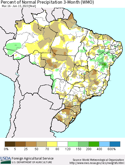 Brazil Percent of Normal Precipitation 3-Month (WMO) Thematic Map For 3/16/2023 - 6/15/2023