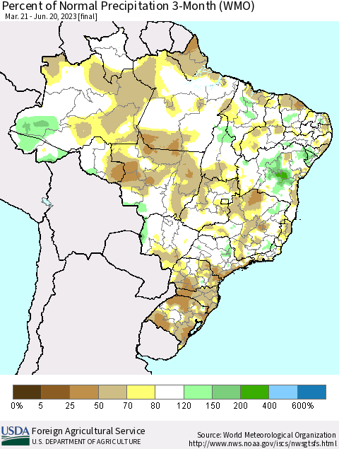 Brazil Percent of Normal Precipitation 3-Month (WMO) Thematic Map For 3/21/2023 - 6/20/2023