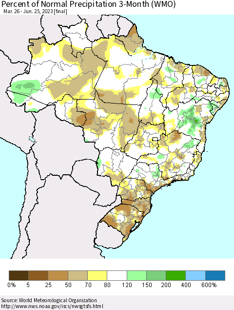 Brazil Percent of Normal Precipitation 3-Month (WMO) Thematic Map For 3/26/2023 - 6/25/2023