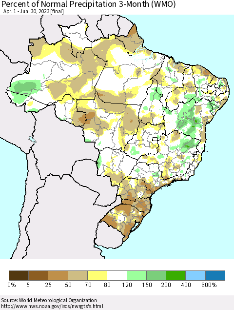 Brazil Percent of Normal Precipitation 3-Month (WMO) Thematic Map For 4/1/2023 - 6/30/2023
