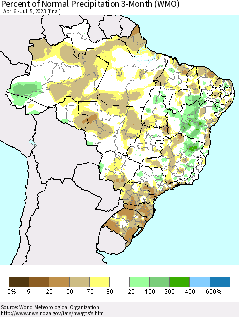 Brazil Percent of Normal Precipitation 3-Month (WMO) Thematic Map For 4/6/2023 - 7/5/2023
