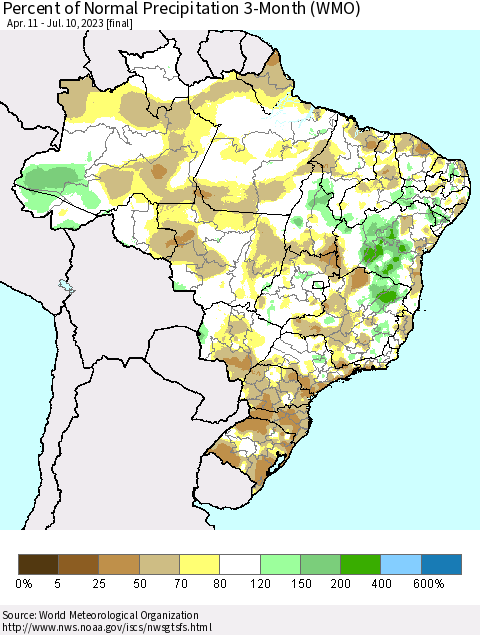 Brazil Percent of Normal Precipitation 3-Month (WMO) Thematic Map For 4/11/2023 - 7/10/2023