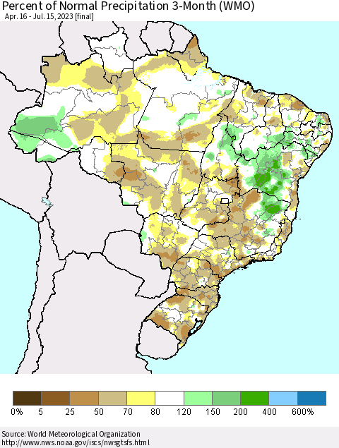 Brazil Percent of Normal Precipitation 3-Month (WMO) Thematic Map For 4/16/2023 - 7/15/2023