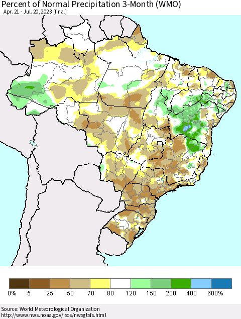 Brazil Percent of Normal Precipitation 3-Month (WMO) Thematic Map For 4/21/2023 - 7/20/2023