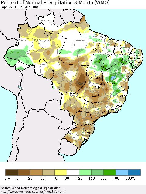 Brazil Percent of Normal Precipitation 3-Month (WMO) Thematic Map For 4/26/2023 - 7/25/2023