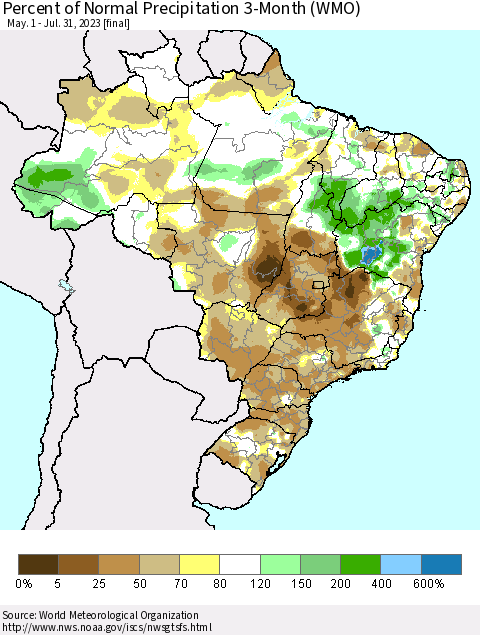 Brazil Percent of Normal Precipitation 3-Month (WMO) Thematic Map For 5/1/2023 - 7/31/2023