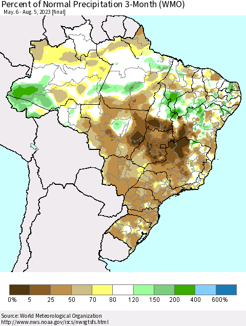Brazil Percent of Normal Precipitation 3-Month (WMO) Thematic Map For 5/6/2023 - 8/5/2023