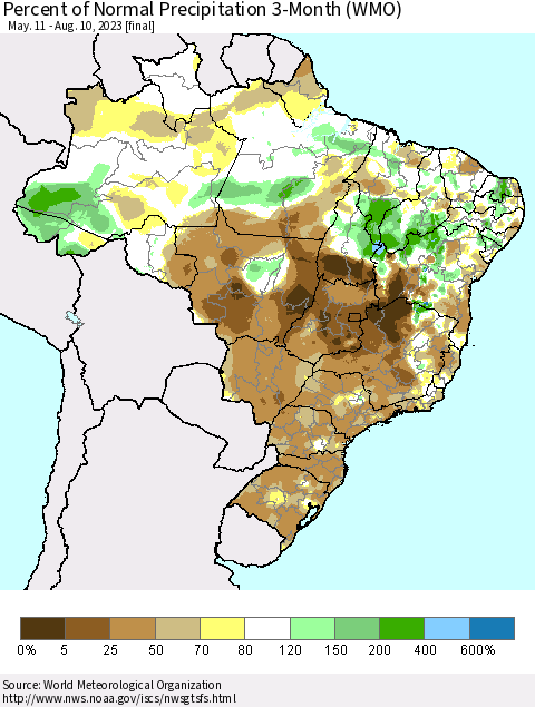 Brazil Percent of Normal Precipitation 3-Month (WMO) Thematic Map For 5/11/2023 - 8/10/2023