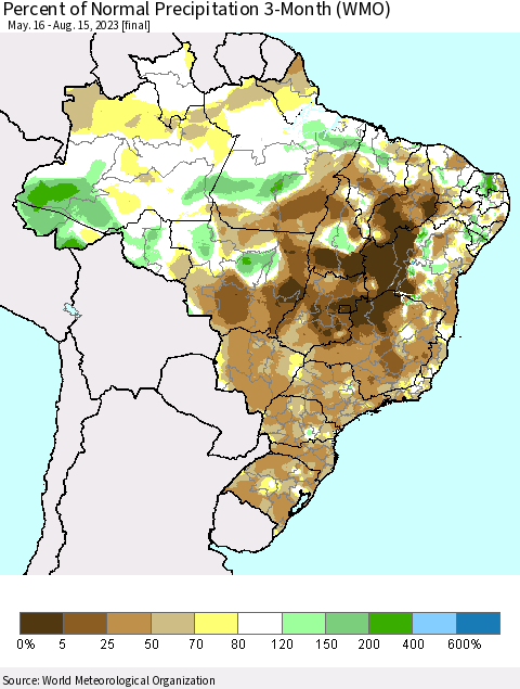 Brazil Percent of Normal Precipitation 3-Month (WMO) Thematic Map For 5/16/2023 - 8/15/2023