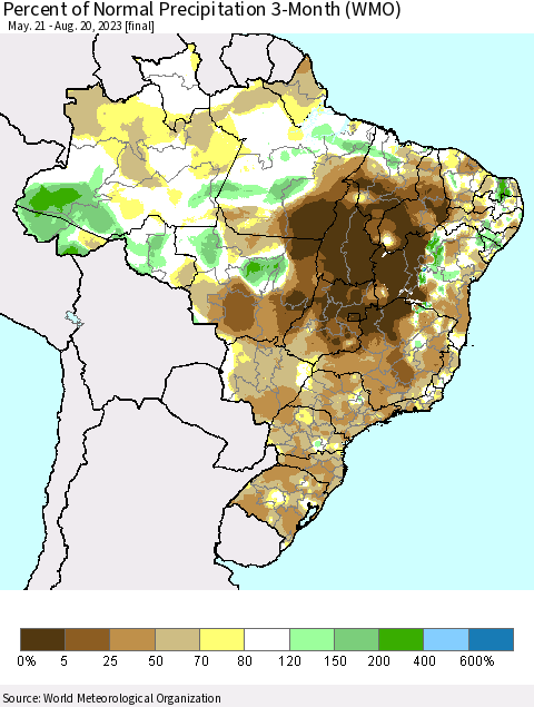 Brazil Percent of Normal Precipitation 3-Month (WMO) Thematic Map For 5/21/2023 - 8/20/2023