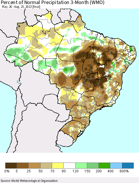 Brazil Percent of Normal Precipitation 3-Month (WMO) Thematic Map For 5/26/2023 - 8/25/2023