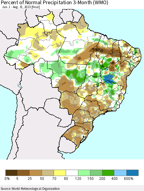 Brazil Percent of Normal Precipitation 3-Month (WMO) Thematic Map For 6/1/2023 - 8/31/2023