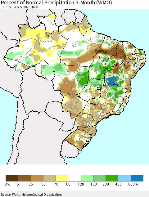 Brazil Percent of Normal Precipitation 3-Month (WMO) Thematic Map For 6/6/2023 - 9/5/2023
