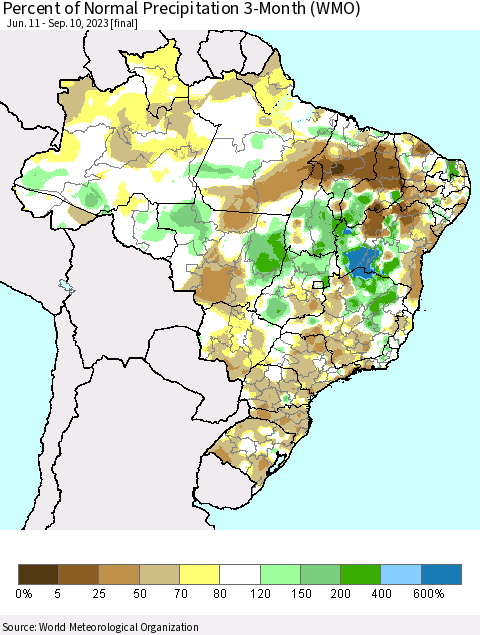 Brazil Percent of Normal Precipitation 3-Month (WMO) Thematic Map For 6/11/2023 - 9/10/2023
