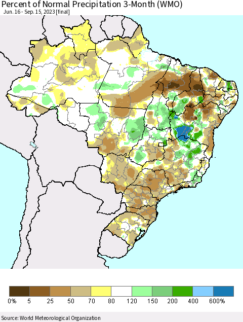 Brazil Percent of Normal Precipitation 3-Month (WMO) Thematic Map For 6/16/2023 - 9/15/2023