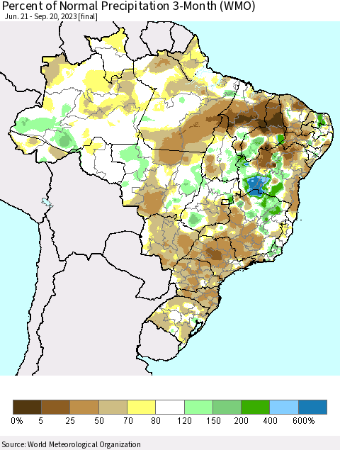 Brazil Percent of Normal Precipitation 3-Month (WMO) Thematic Map For 6/21/2023 - 9/20/2023