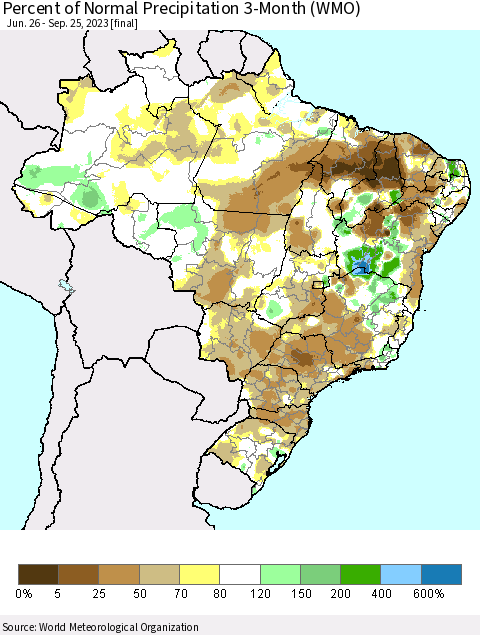 Brazil Percent of Normal Precipitation 3-Month (WMO) Thematic Map For 6/26/2023 - 9/25/2023