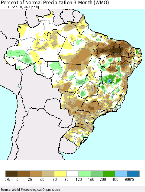 Brazil Percent of Normal Precipitation 3-Month (WMO) Thematic Map For 7/1/2023 - 9/30/2023