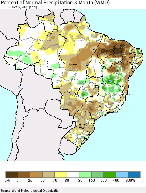 Brazil Percent of Normal Precipitation 3-Month (WMO) Thematic Map For 7/6/2023 - 10/5/2023