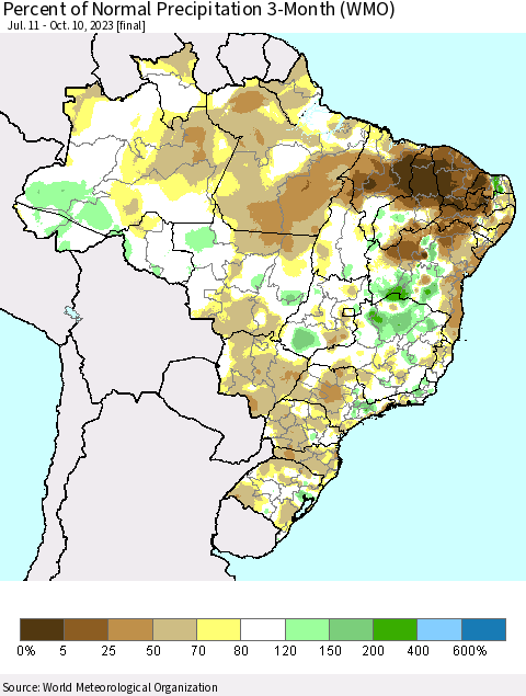 Brazil Percent of Normal Precipitation 3-Month (WMO) Thematic Map For 7/11/2023 - 10/10/2023