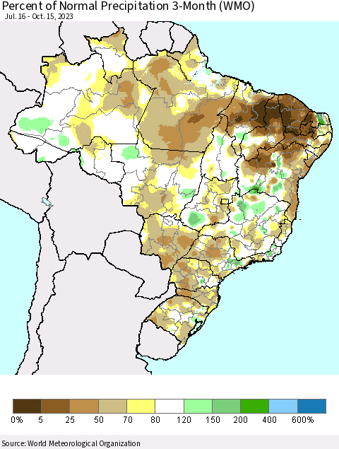 Brazil Percent of Normal Precipitation 3-Month (WMO) Thematic Map For 7/16/2023 - 10/15/2023