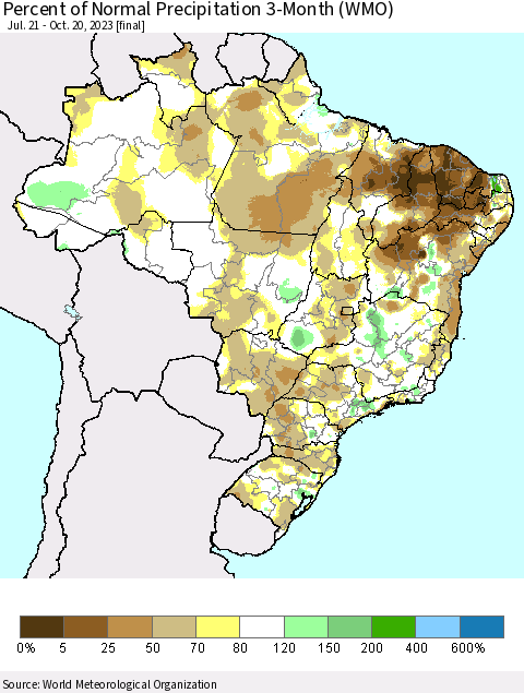 Brazil Percent of Normal Precipitation 3-Month (WMO) Thematic Map For 7/21/2023 - 10/20/2023